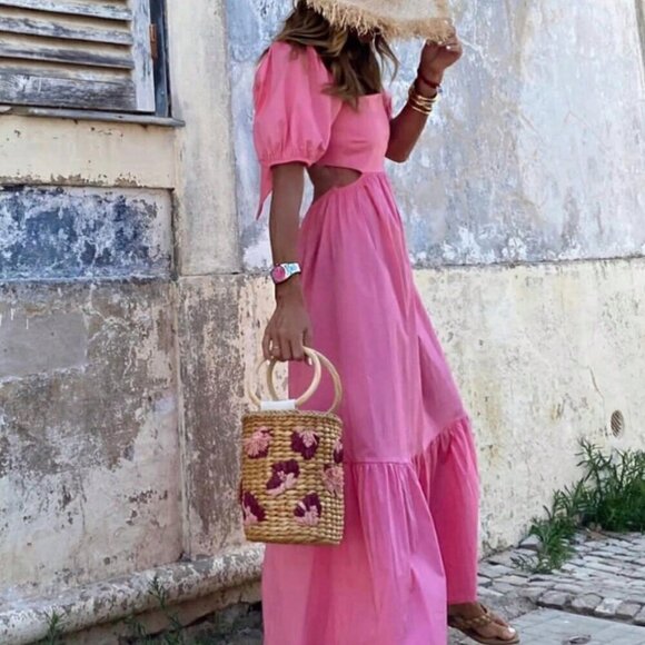 Pink Casual Women's Summer Holiday Solid Color Square Neck Puff Sleeve Dress - Picture 3 of 4